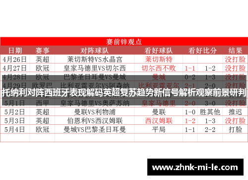 托纳利对阵西班牙表现解码英超复苏趋势新信号解析观察前景研判