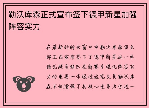 勒沃库森正式宣布签下德甲新星加强阵容实力