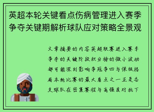 英超本轮关键看点伤病管理进入赛季争夺关键期解析球队应对策略全景观察